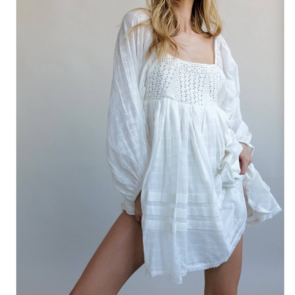 Free People White Crochet Babydoll Mini Dress